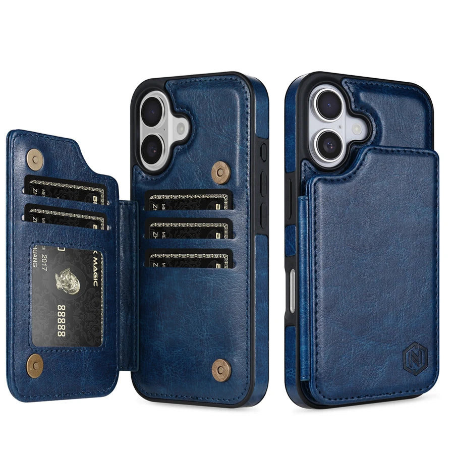 Plånbok med RFID-blockerande lager, skyddande stöldskyddande magnetiskt läderfodral för iPhone Air 17 Pro Max 16e 15 Plus 14 13 12 11 korthållare