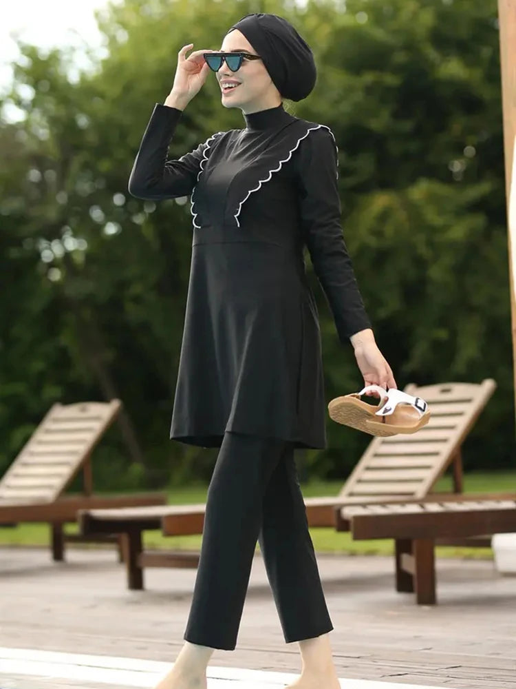 3 st Black Series Modest Burkini Femmes Muslimsk Baddräkt Badkläder Sommarstrand Dam Baddräkt Lotusbladskantdesign