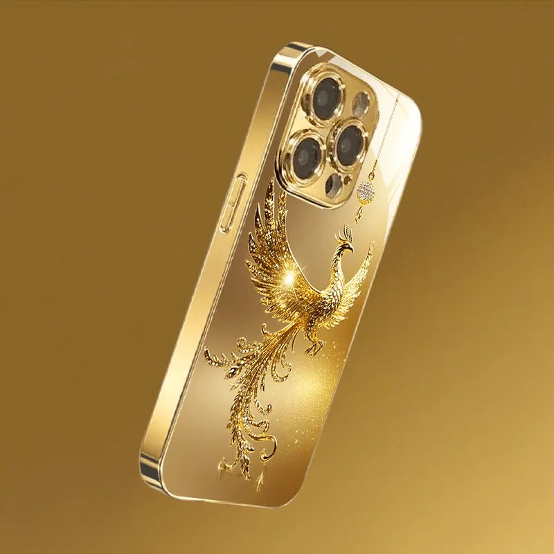 Glasmobilskal med diamantmönster i guld och ”Golden Phoenix”-motiv samt guldmetallicfärg för iPhone 17 Pro Max, 11, 12, 13, 14, 15, 16 Plus, 17 Air och 16E