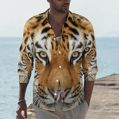 Långärmade skjortor med tigertryck för män, 3D-tryck med djurmotiv, casual skjorta med knappar, slim fit, plus size-skjorta