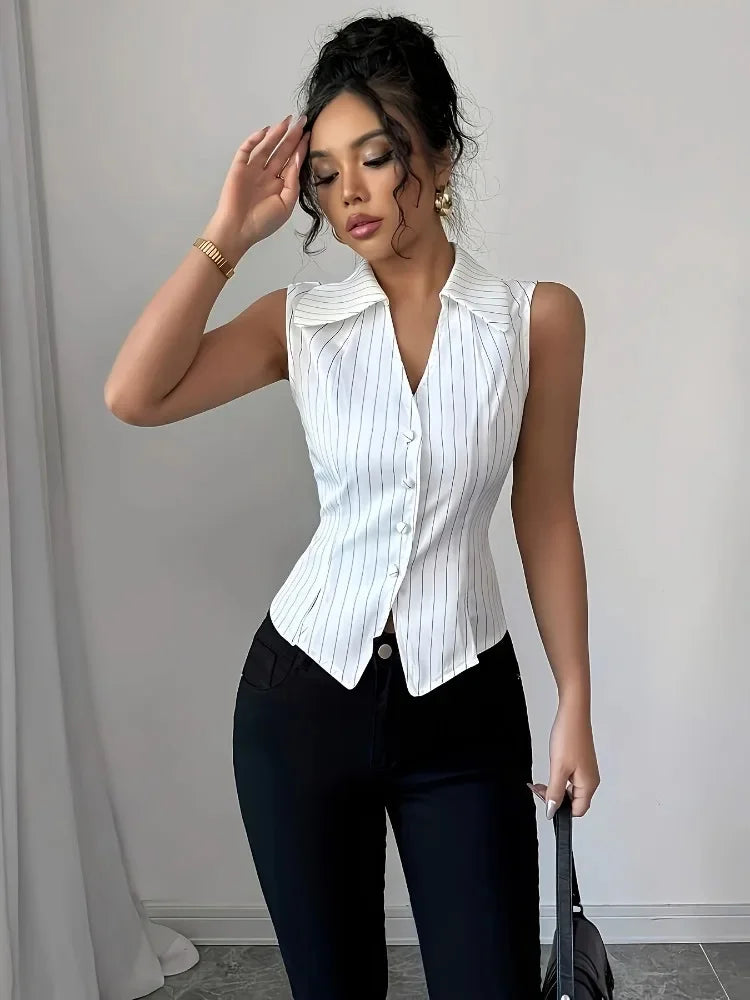 Blouse Women Vertical Stripes Collar V Neck Sleeveless Fitted Button Split Hem Sexy Office Commuter Spring Summer White Gray