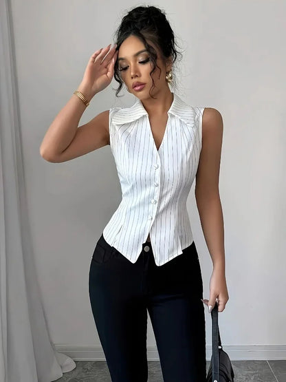 Blouse Women Vertical Stripes Collar V Neck Sleeveless Fitted Button Split Hem Sexy Office Commuter Spring Summer White Gray