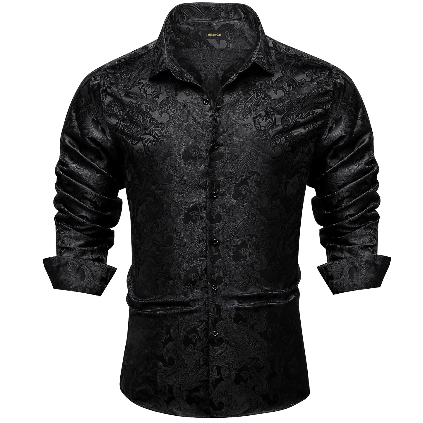 2026 Lyxig Herrskjorta Formell Bal Smoking Långärmad Siden Polyester Gyllene Färg Paisley Svarta Skjortor Blus Herrkläder