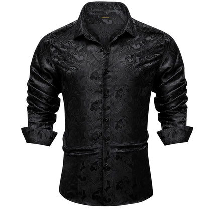 2026 Lyxig Herrskjorta Formell Bal Smoking Långärmad Siden Polyester Gyllene Färg Paisley Svarta Skjortor Blus Herrkläder