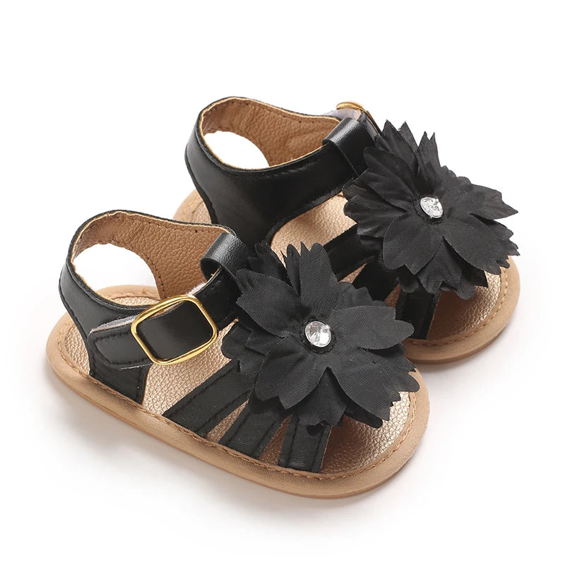 Babysko för lärande, sommarsandaler med blommig strass, mjuka och eleganta skor för spädbarnsflickor 0-18M