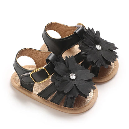Babysko för lärande, sommarsandaler med blommig strass, mjuka och eleganta skor för spädbarnsflickor 0-18M