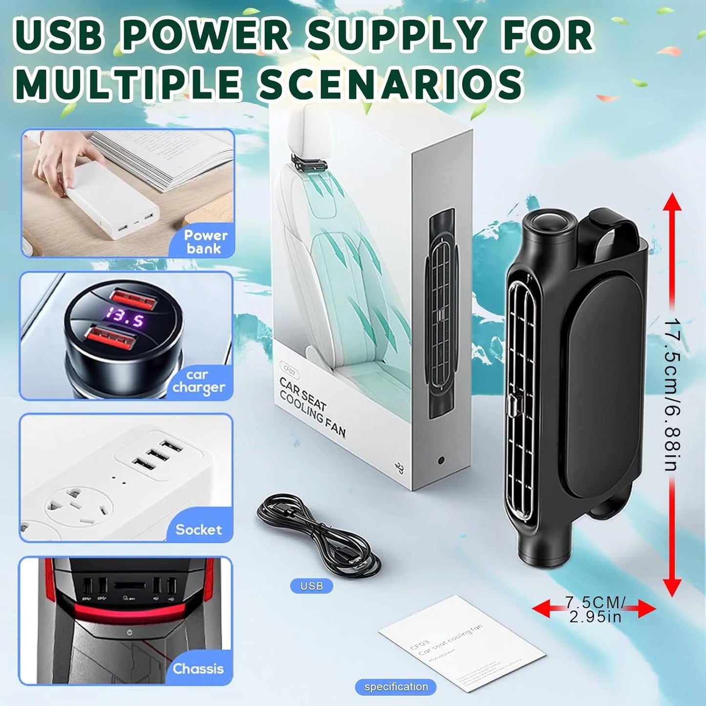 Bilsätesfläkt 3 hastigheter justerbar 5V USB bilnackstöd kylluftfläkt bilsätesfläkt för fram och bak bilinredning tillbehör