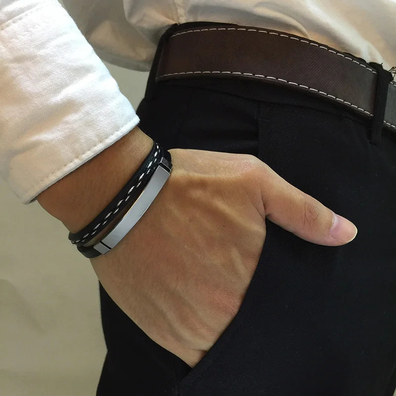 Vnox Unika Sew Lines Äkta Läderarmband för Herr Kvinnor Rostfritt Stål Stånglagerarmband Kausal Pulseira