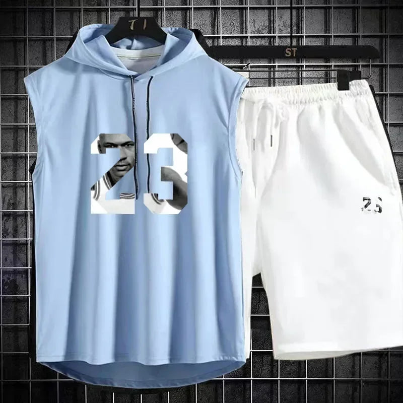 Sommar Nytt Herr Ärmlös Huva T-shirt + shorts Byxor Sport tvådelat set Gym Mode Casual Herr Dam Sport tvådelat set