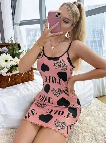 Sexig Spaghetti Strap V-ringad Nattlinne Dam Nattlinne Sommar Lös Bomull Nattlinne Kvinnlig Söt Tryck Sovklänning Lätt Sovplagg