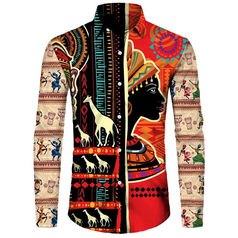 Afrikanskt Dashiki-tryck Herrskjortor med nedfällbar krage och knappar Långärmade Toppar Kläder Etnisk Stil Streetwear Kläder Skjorta