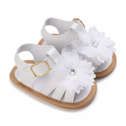 Babysko för lärande, sommarsandaler med blommig strass, mjuka och eleganta skor för spädbarnsflickor 0-18M