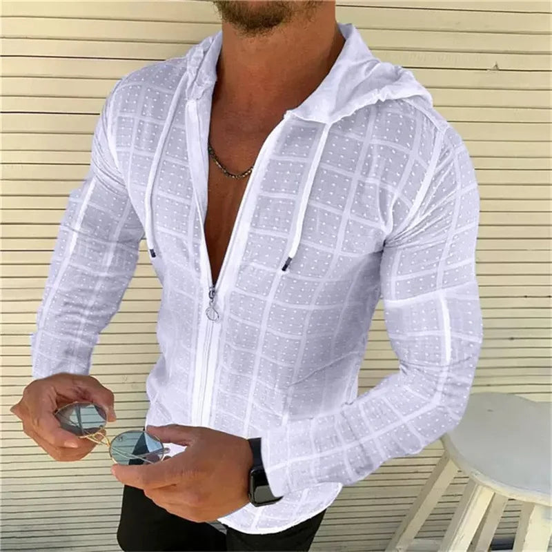 5 färger tillgängliga för herrskjorta med huva, dragkedja, rutig prickig långärmad, slim fit, andningsbara, moderna, avslappnade herrtoppar