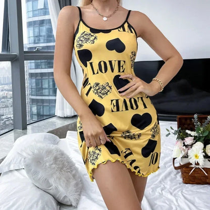 Sexig Spaghetti Strap V-ringad Nattlinne Dam Nattlinne Sommar Lös Bomull Nattlinne Kvinnlig Söt Tryck Sovklänning Lätt Sovplagg