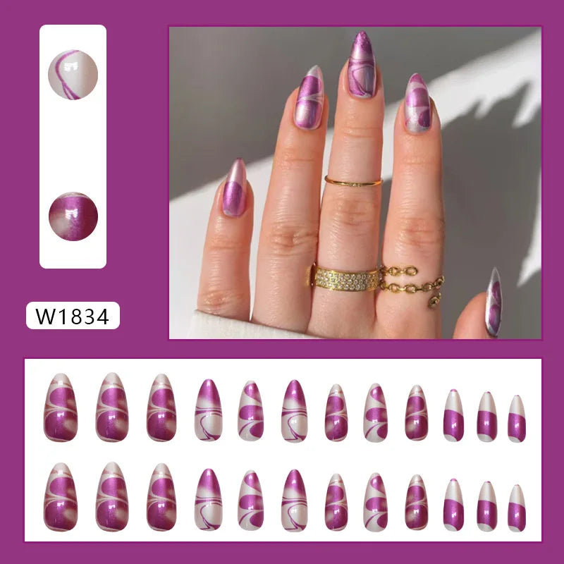 Mörkröd Charm 24 st press-on naglar rosa gradient lösnaglar glansiga konstgjorda fingermanikyr återanvändbara lösnaglar för kvinnor
