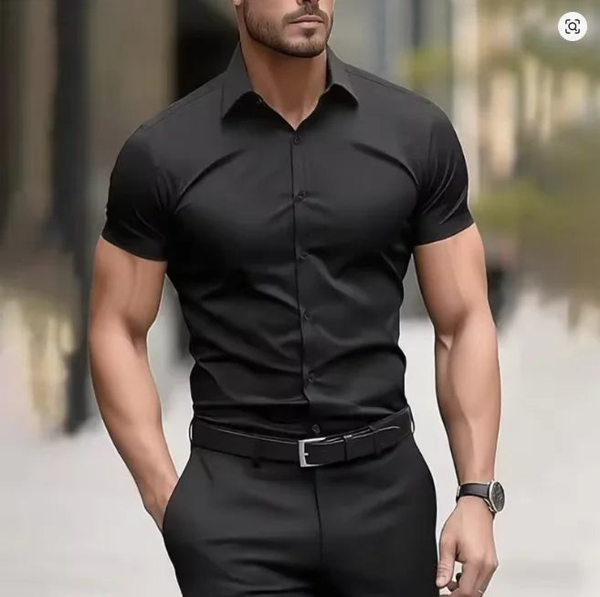 Herr Sommarskjorta för Business Kortärmad Stretchtyg Svart Utan Fickor Slim Fit Herrskjorta i Social Stil Hög Kvalitet 5XL