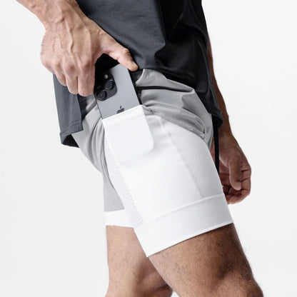 Herr Sommar 2-i-1 Dubbelskiktade Shorts Gym Fitness Träning Långsam Löpning Andningsbara Elastiska Kompressionsshorts Herr Dubbelskiktade Shorts