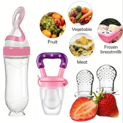 4-delars matningsset för baby, nappflaska med sugkopp, risflingor, grönsaks- och fruktmatare, två nätpåsar (S L)