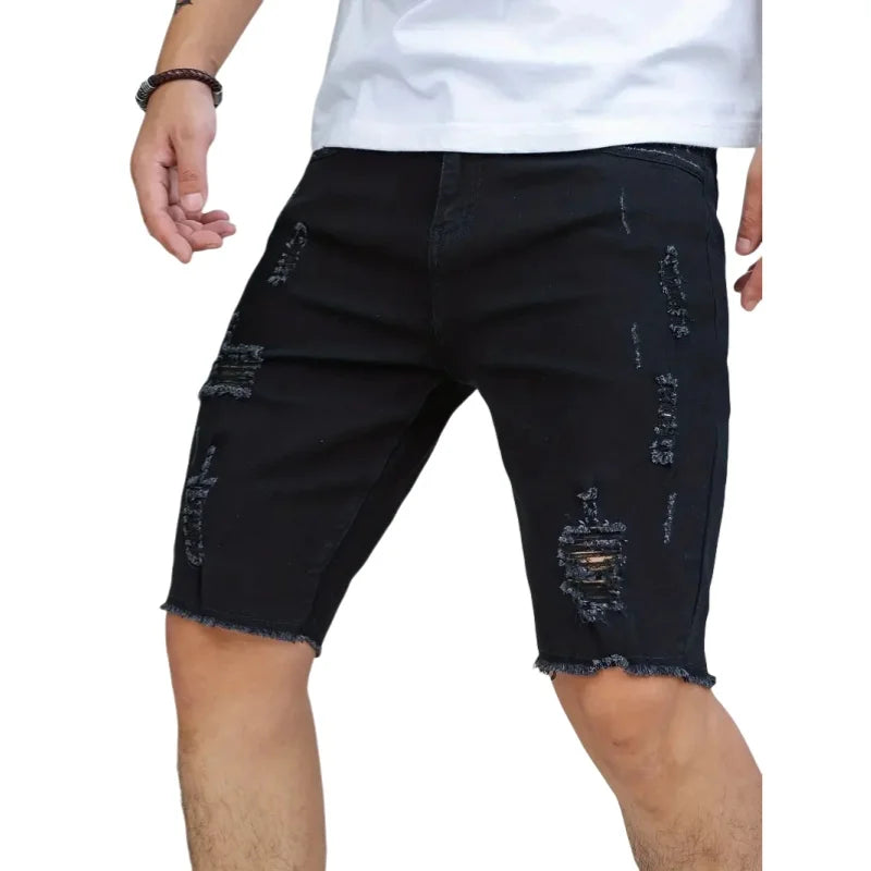 Sommar Slitna Jeans Herr Stretch Denim Shorts Herr Korta Jeans Slim Raka Shorts Mode Svarta Jeans Herrkläder Streetwear