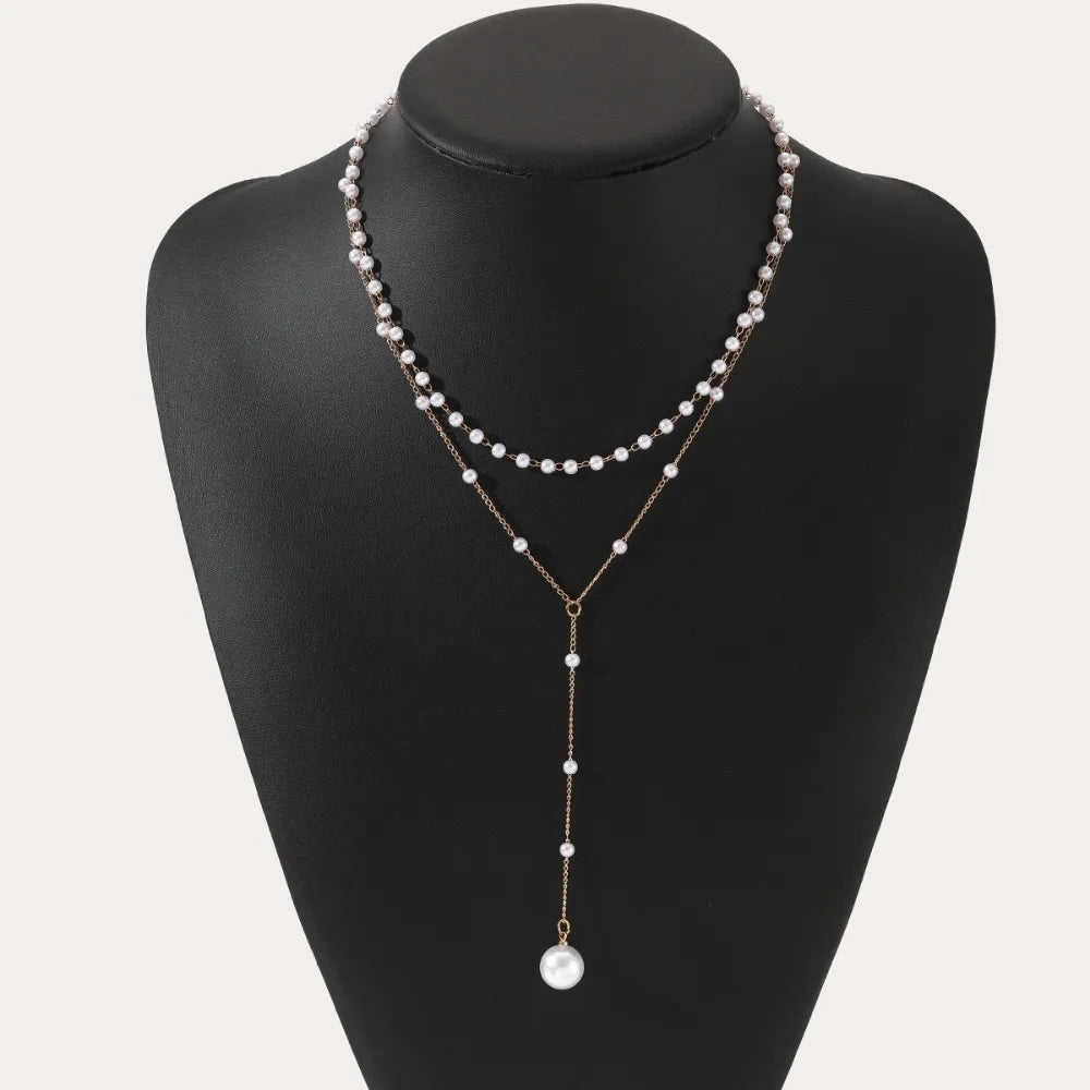 Charm Trendiga Dubbeldekade Imiterade Pärlor Långa Hängsmycken Halsband för Kvinnor Temperament Sommar Strandsmycken Accessoarer