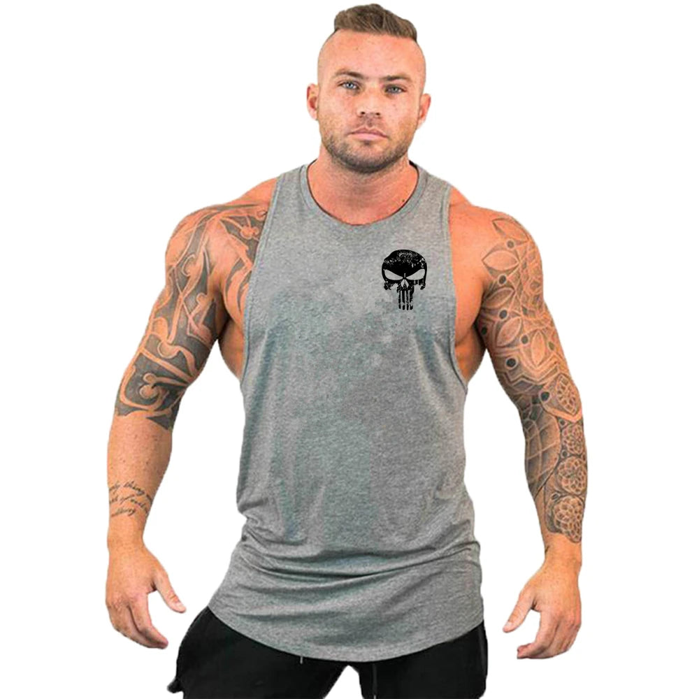Ny het rea herrlinne med dödskalletryck, andningsbart linne, coolt linne, löpartröja i bomull, bodybuilding-linne, fitness-tröja, ärmlös