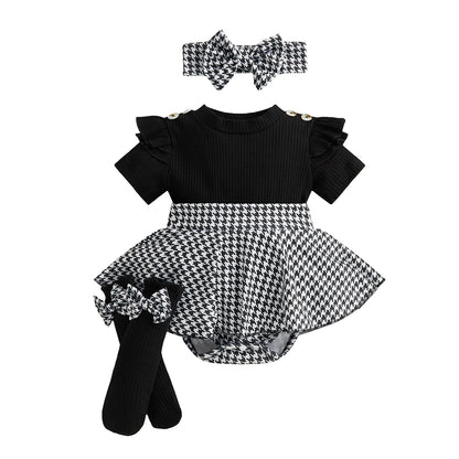 Spädbarn Nyfödd Baby Flicka Våroutfit Hundtandsmönster Kortärmad Ribbad Sparkdräkt Klänning Rosett Pannband och Strumpor 3 Delat Set