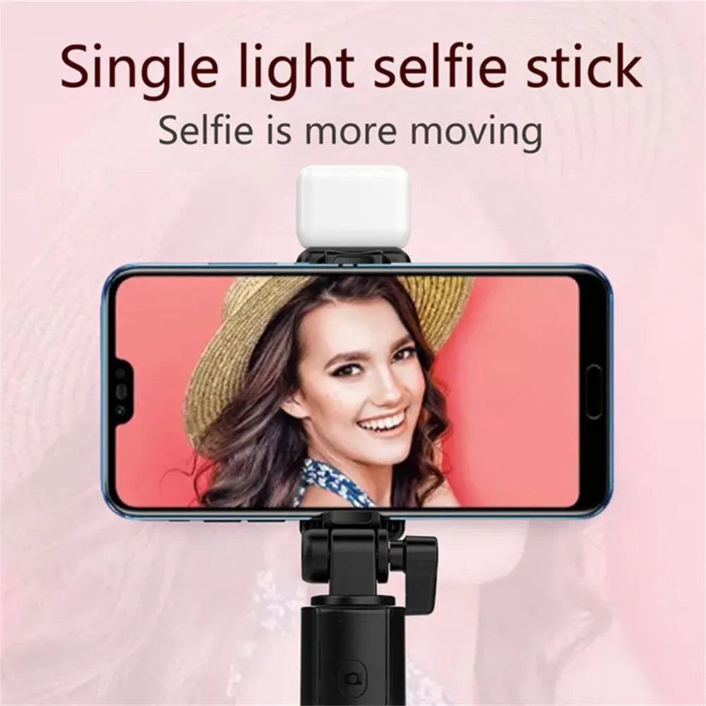 Bärbar Bluetooth Selfie Stick Tripodhållare med fjärrkontroll, fyllnadsljus, utdragbar trådlös fjärrkontroll, infällbar telefonstativ