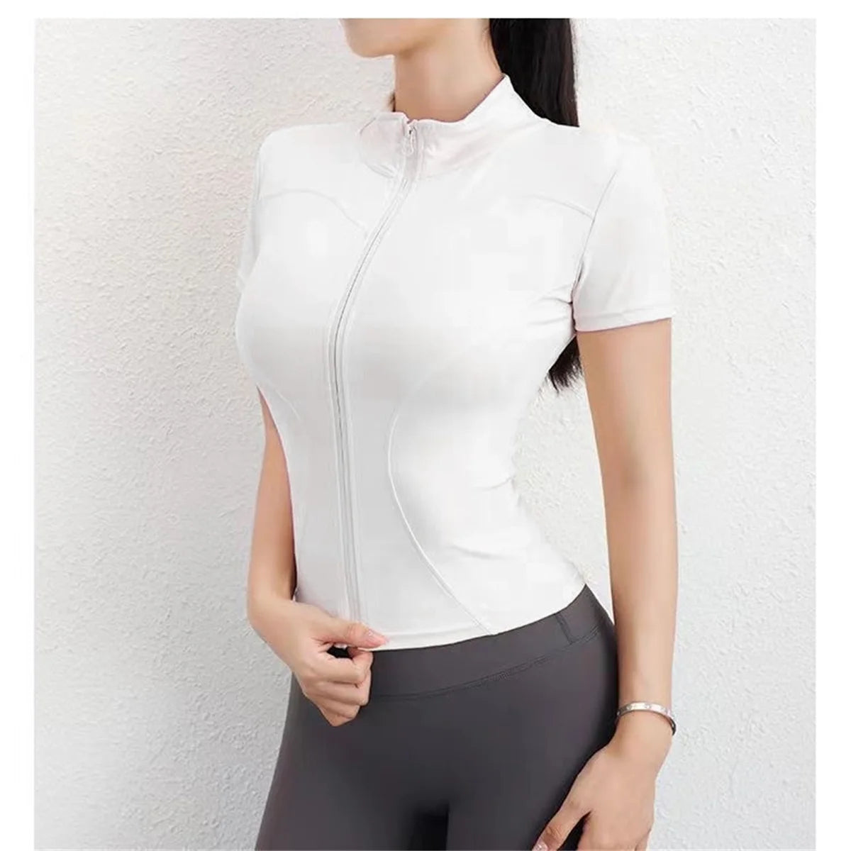 Casual Slim Sportjacka För Damer Kortärmad Enfärgad Dragkedja Toppar Dam Cykling Löpning Yoga Outfit Kläder Sommar Sportjacka