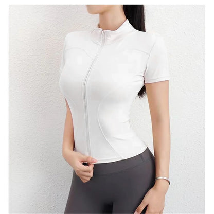 Casual Slim Sportjacka För Damer Kortärmad Enfärgad Dragkedja Toppar Dam Cykling Löpning Yoga Outfit Kläder Sommar Sportjacka