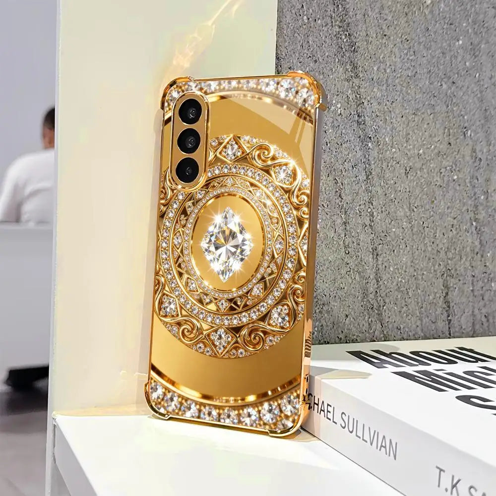 Elegant guldspegelfodral med diamantmönster för Samsung Galaxy S26, S25, S24, S23, S22 FE, Ultra och Plus