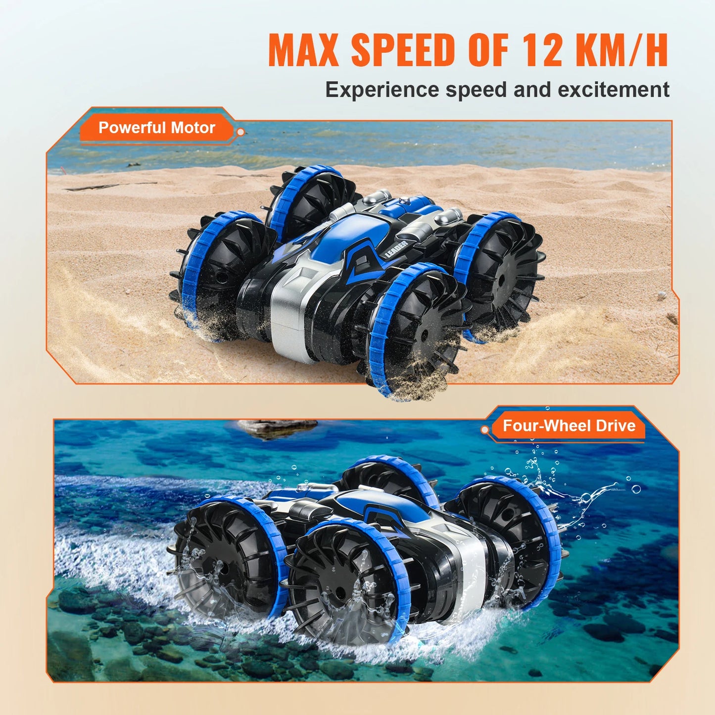 SucceBuy Blå/Gul Amfibisk RC Bil Båt 2.4GHz 12 km/h Elektrisk Fjärrkontroll 360° Roterande Stuntbil Vatten Strand Poolleksaker