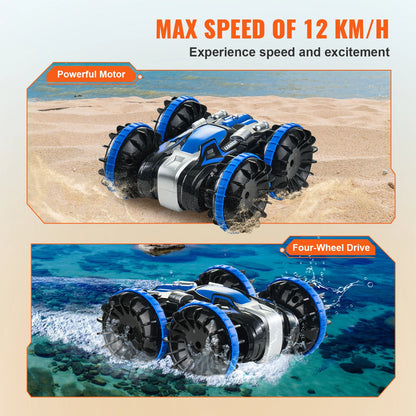 SucceBuy Blå/Gul Amfibisk RC Bil Båt 2.4GHz 12 km/h Elektrisk Fjärrkontroll 360° Roterande Stuntbil Vatten Strand Poolleksaker