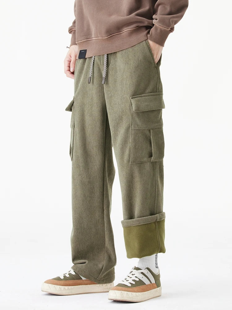 Vinter Corduroy Sweatpants Herr Flerfickor Fleecefoder Stickade Cargobyxor Tjockare Varma Casual Lösa Raka Herrbyxor