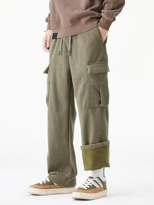 Vinter Corduroy Sweatpants Herr Flerfickor Fleecefoder Stickade Cargobyxor Tjockare Varma Casual Lösa Raka Herrbyxor