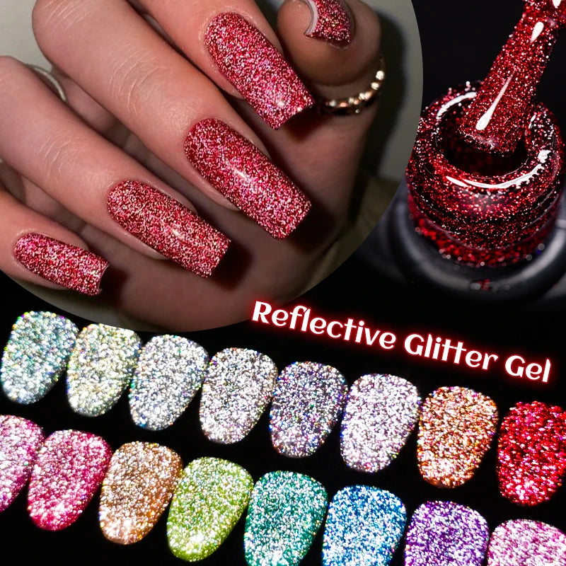 7ml Champagne Guld Silver Reflekterande Nagelgellack Glittrande Skinande Glitter Rosa Röd Nageltillbehör Semi-permanent Gellack