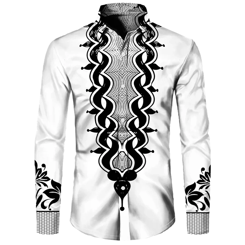 Afrikanskt Dashiki-tryck Herrskjortor med nedfällbar krage och knappar Långärmade Toppar Kläder Etnisk Stil Streetwear Kläder Skjorta