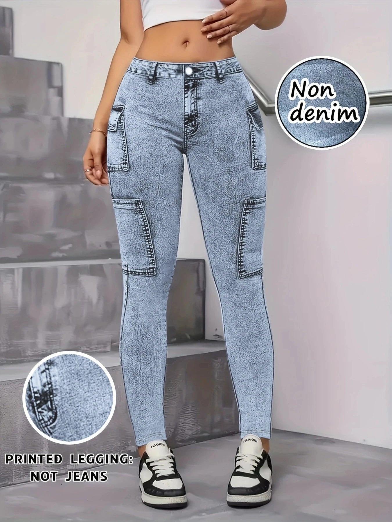 Modetryckta faux denim skinny byxor, hög midja elastisk höftlyftande magkontroll ytterkläder långa leggings