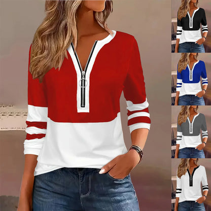 Plus Size Långärmad T-shirt med Geometriska Ränder och Färgblocksring med Blixtlåsdetalj - Höstmode