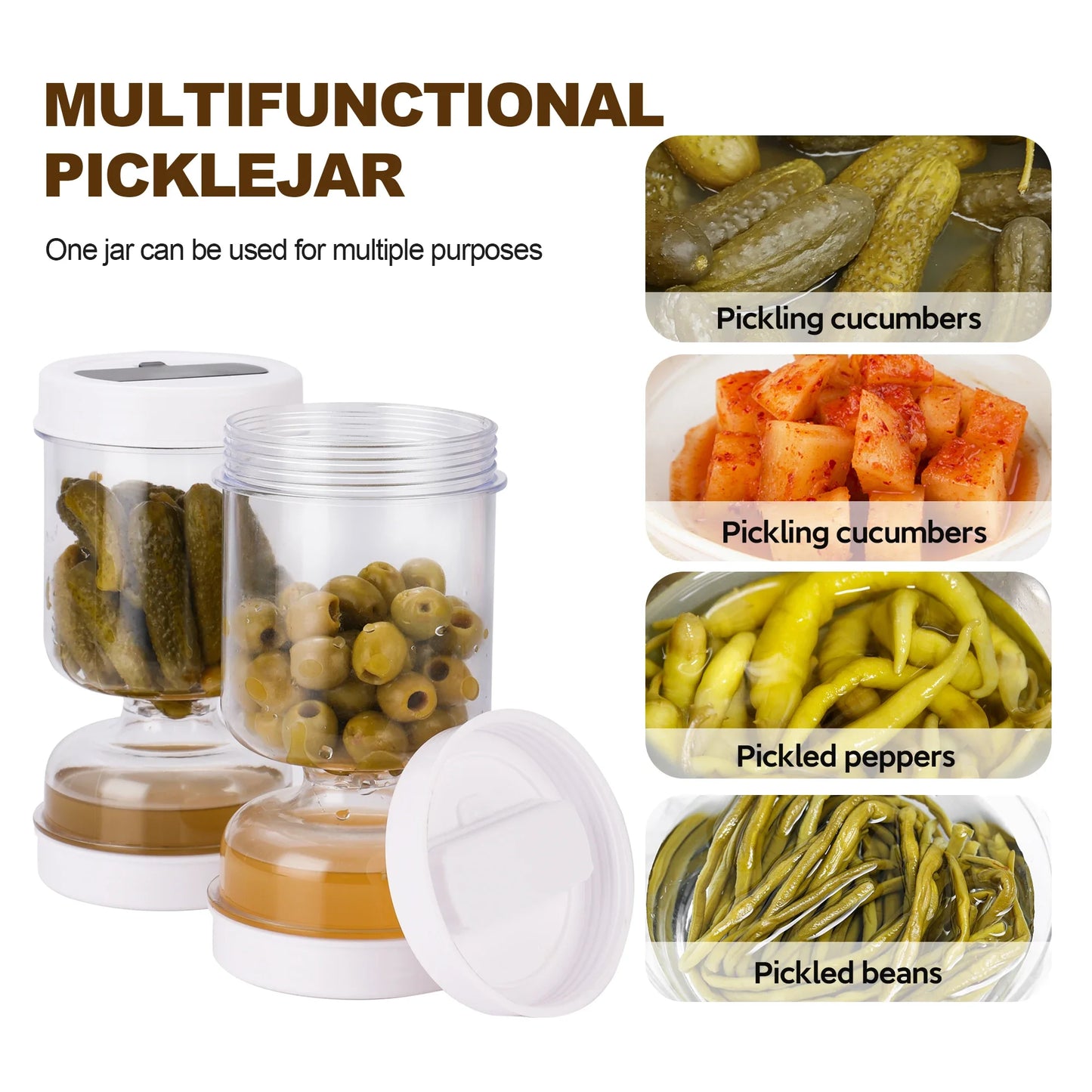 Picklesburk med gafflar, torr och våt dispenser, pickles och oliver, timglasburk, gurkabehållare för kök, juiceseparatorverktyg
