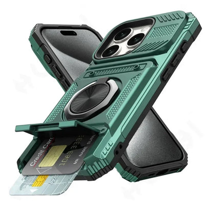 Militärkvalitetsskal för iPhone 11 13 14 15 16 Pro Max Magnetiskt roterande ringstativ Robust fallskyddande plånboksfodral