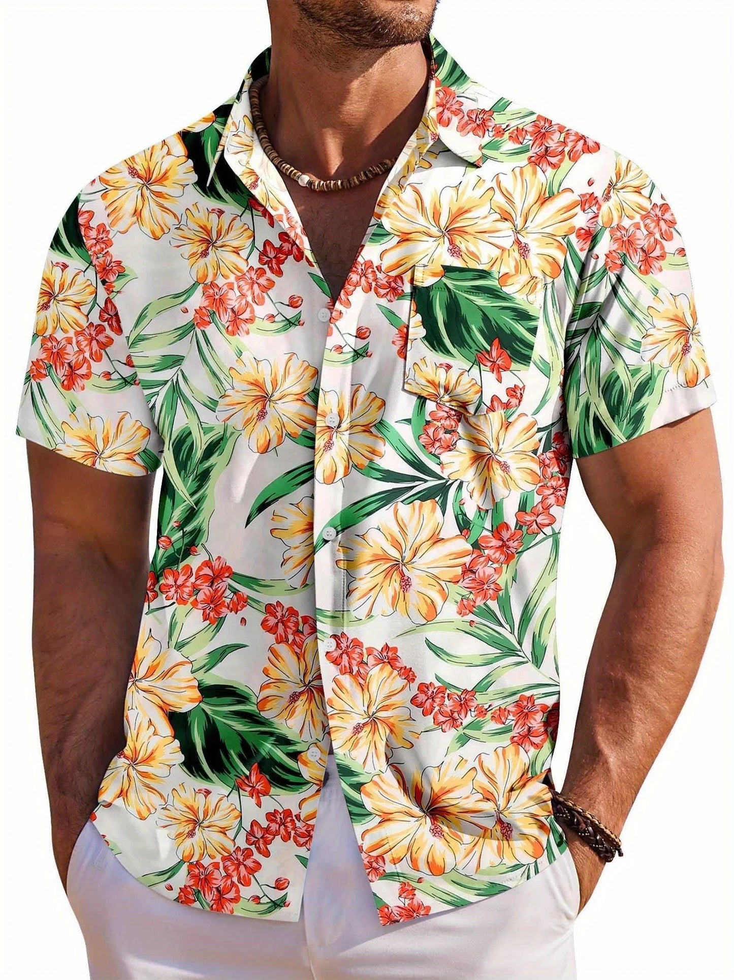 Herrskjorta med kort ärm, Hawaiiskjorta med botaniskt blommönster, slag, strandskjorta, topp, casual, moderiktiga skjortor