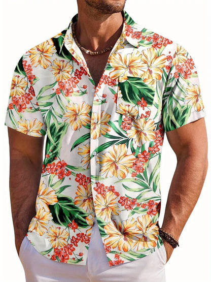 Herrskjorta med kort ärm, Hawaiiskjorta med botaniskt blommönster, slag, strandskjorta, topp, casual, moderiktiga skjortor