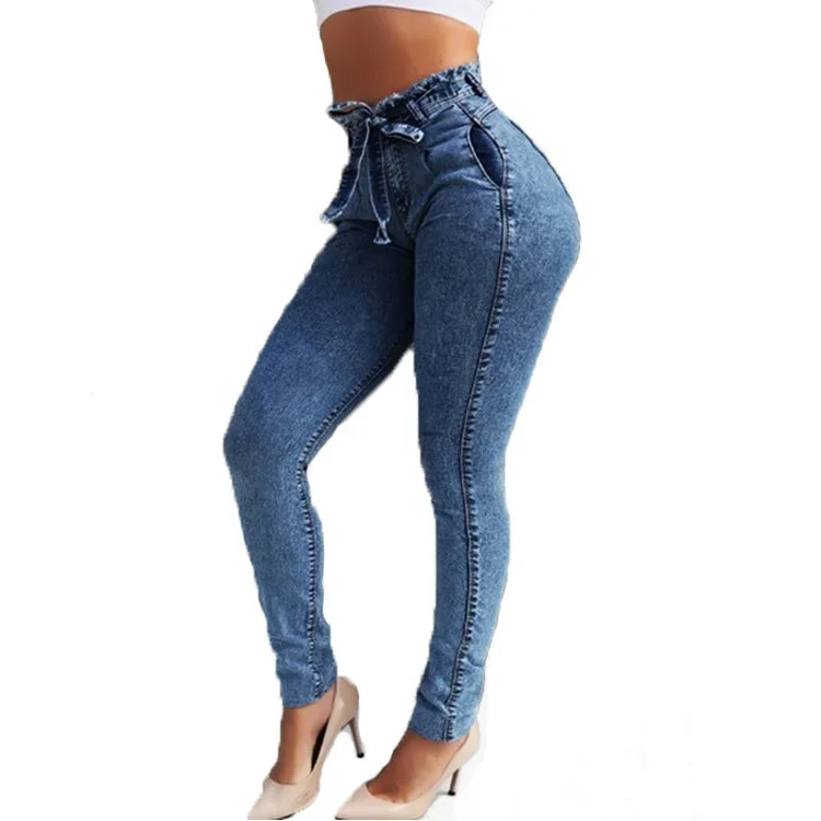 Damkläder Jeans Slim Stretchiga Tofsbälte Jeans med Hög Midja Denimbyxor Skinny Ankellånga Blekta
