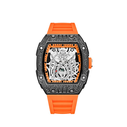 Mode Tonneau Hollow Full Diamond Gravyrhuvud Quartz Klocka Herr Lyxig Lysande Vattentät Datum Klockor Herr Stål Herrklocka