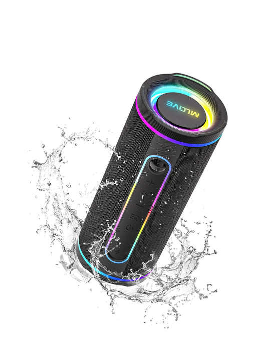 MLOVE E80 Bärbar Bluetooth-högtalare – Kraftfullt dubbelt ljud, färgglad RGB-belysning, helt vattentät (IPX7), TWS-kompatibel