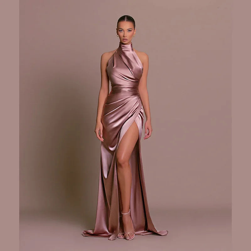 2026 Retro-stil Satin Halter Maxiklänning Elegant Midja Bantande Hög Slits Fest Formella Tillfällen Enfärgad Minimalism Lång Kjol