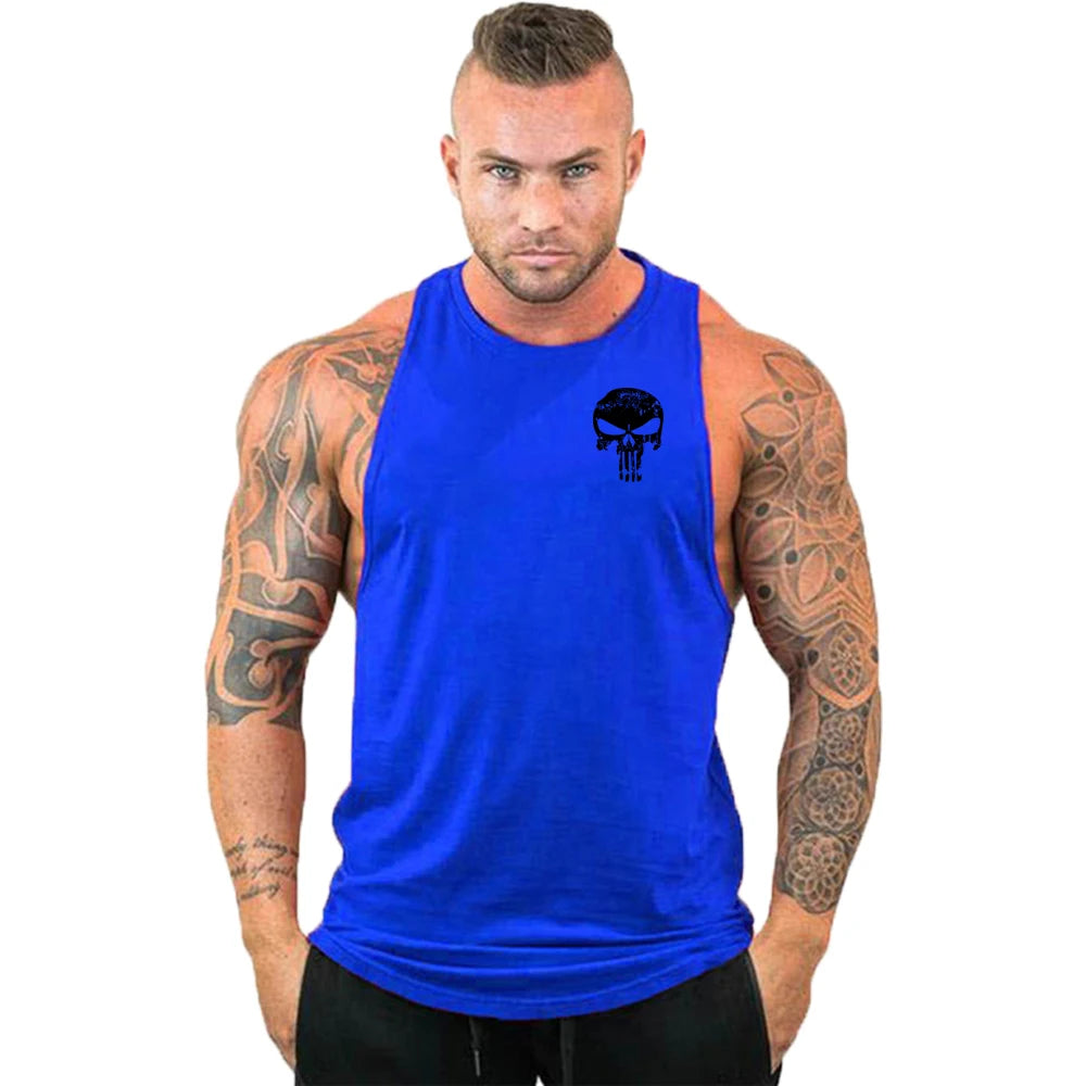 Ny het rea herrlinne med dödskalletryck, andningsbart linne, coolt linne, löpartröja i bomull, bodybuilding-linne, fitness-tröja, ärmlös