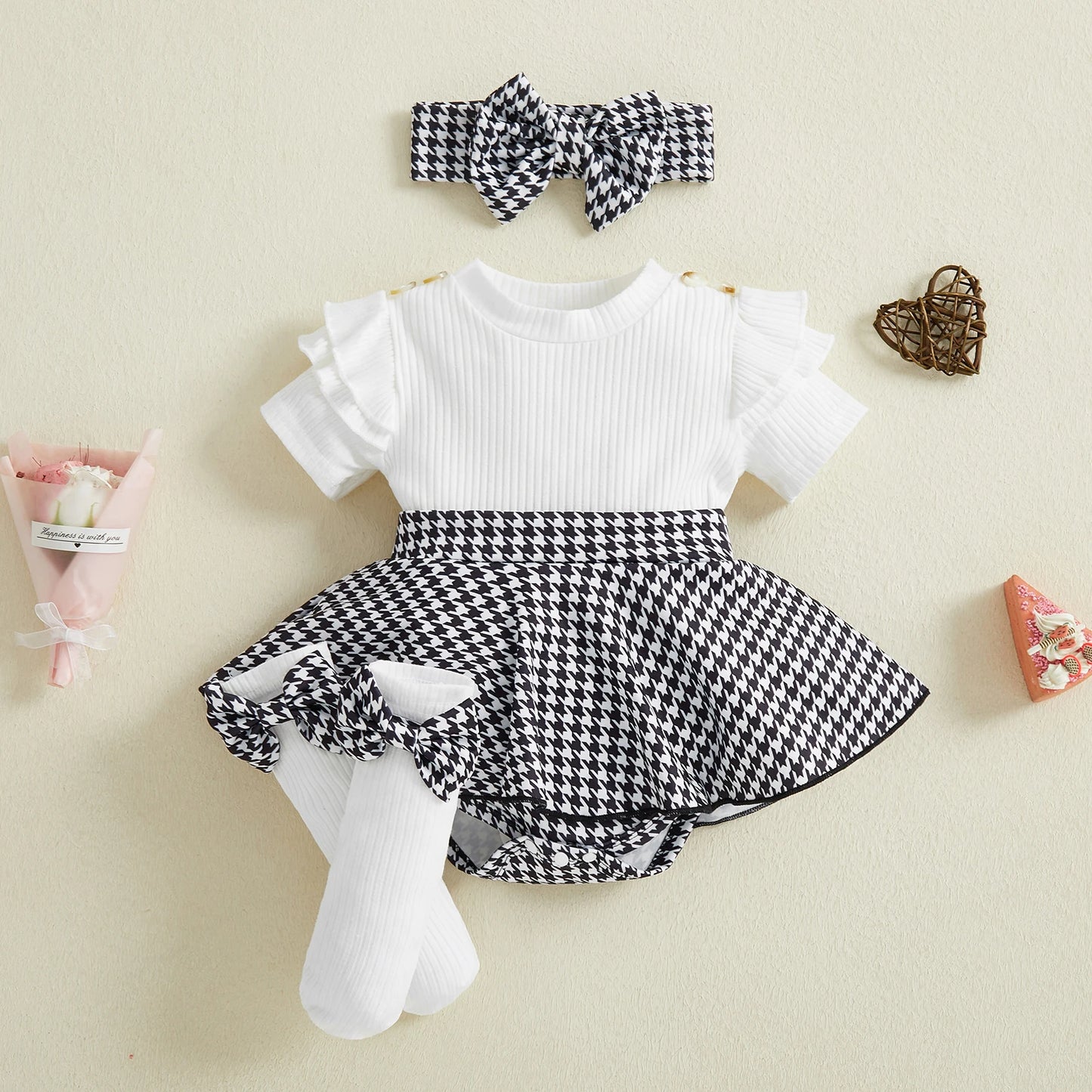 Spädbarn Nyfödd Baby Flicka Våroutfit Hundtandsmönster Kortärmad Ribbad Sparkdräkt Klänning Rosett Pannband och Strumpor 3 Delat Set