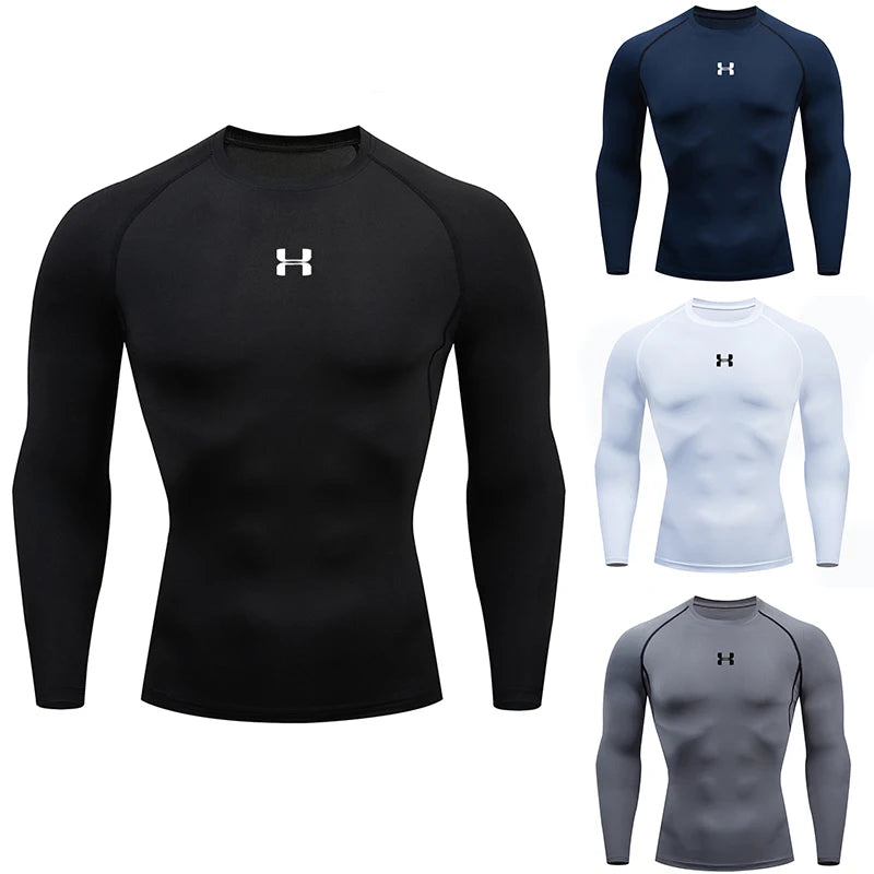 Herr kompressionströja med lång ärm, snabbtorkande, muskeltröja, sporttröja för träning, bodybuilding, löpning, fitness, sport