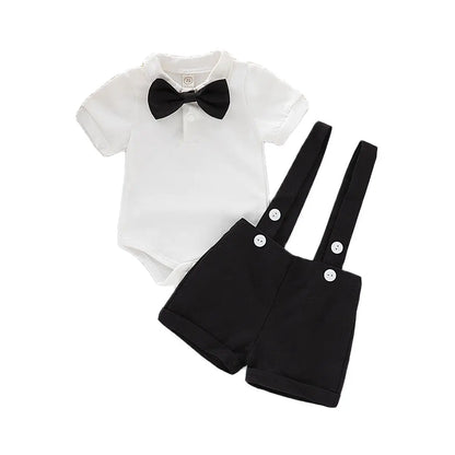 Mini Gentleman Outfit Nyfödd Baby Pojke Formella Dräkter Kortärmad Tröja Med Rosett + Sparkdräkt Korta Byxor Sommarmode 2 Delar Set